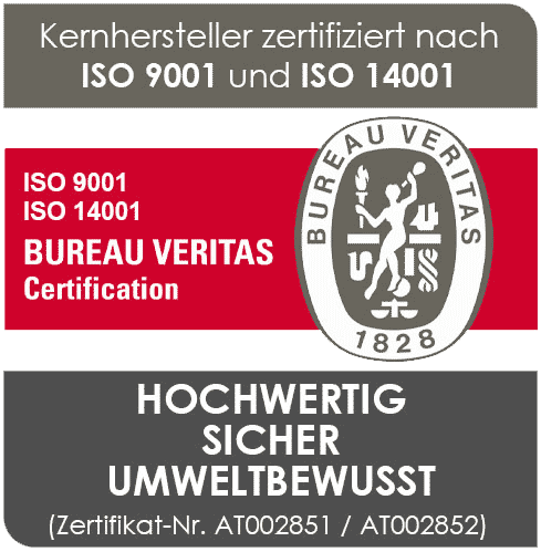 Logo: Kernhersteller ISO 9001 und ISO 14001 Zertifizierungen.